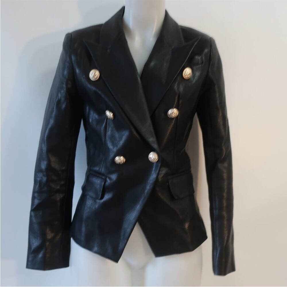 Black Double-Breasted Women's leather jacket - Picture 2 of 7